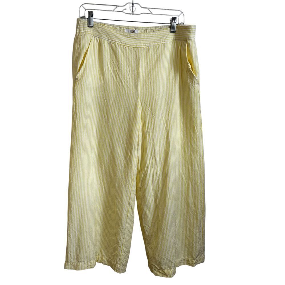 LOFT Yellow White Striped Wide Leg Linen Palazzo Pants Elastic Waist‎ Summer M